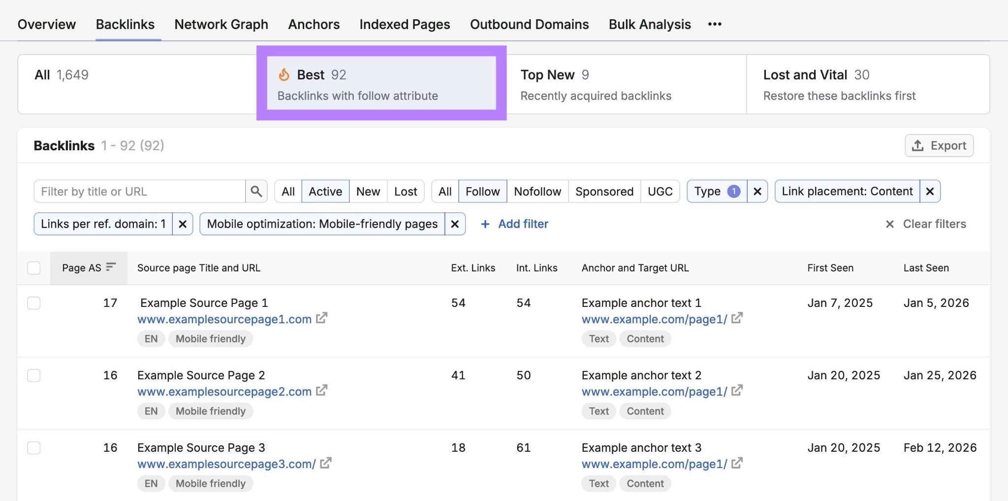 The "Best" backlink opportunities on the Backlink tool showing a list of broken, do-follow competitor backlinks.