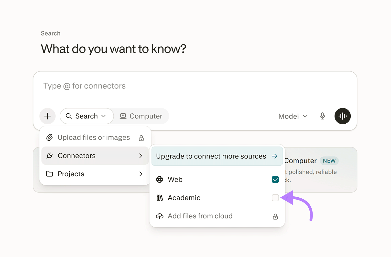 Perplexity search interface with the Connectors menu open and the Academic source option shown