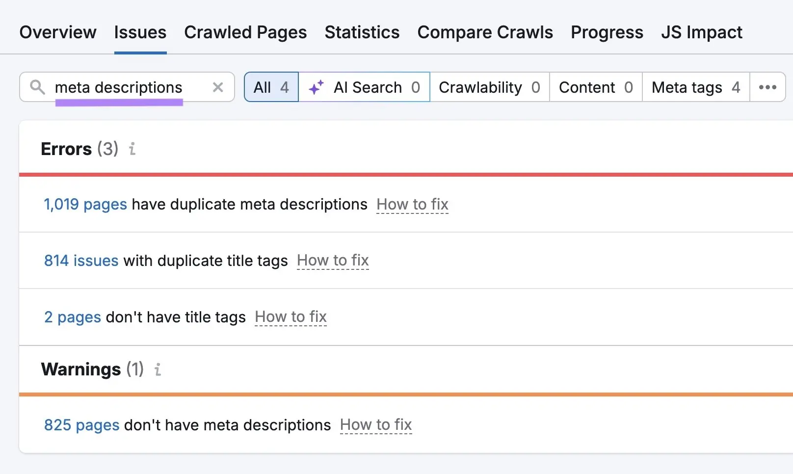 Semrush Site Audit showing duplicate and missing meta description issues across website pages
