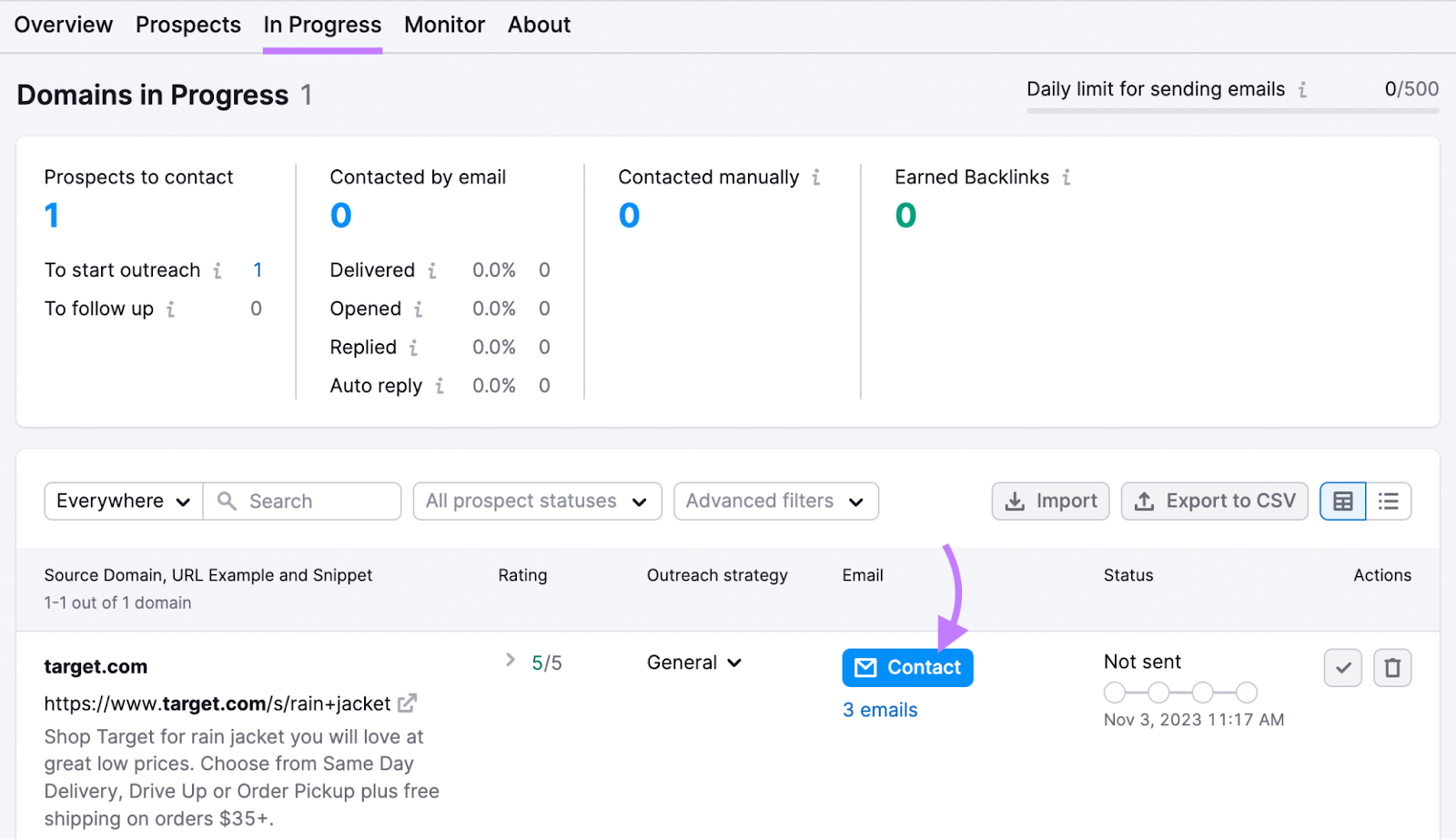 "Contact" next to a website clicked on the "In Progress" tab of the Link Building Tool.