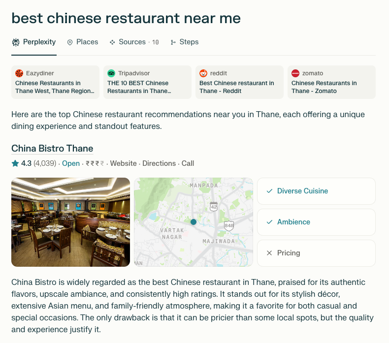 Local search in Perplexity shows picture, map, details, and summary.