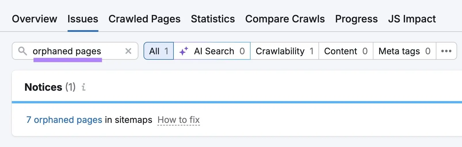 Site Audit showing seven orphaned pages found in sitemaps