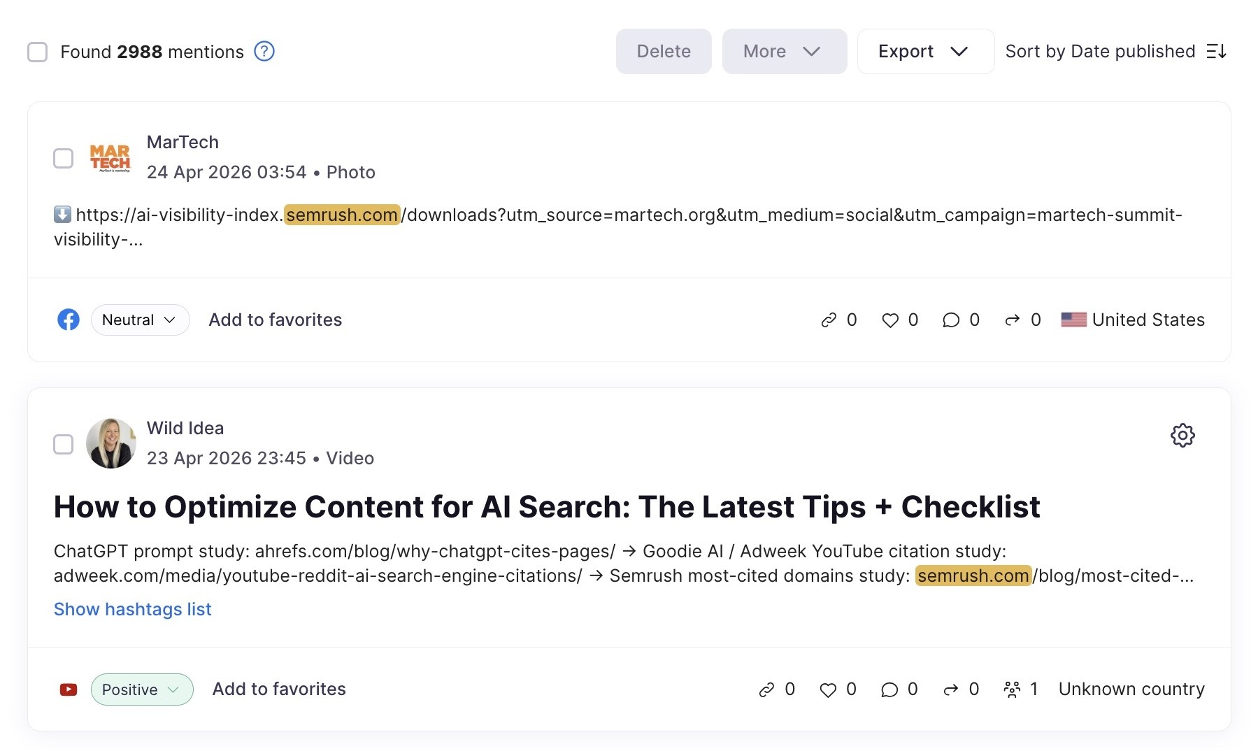 Brand Monitoring tool showing a list of brand mentions for "sr03.toolzpad.com" across platforms.