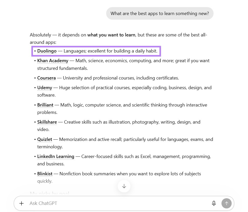 ChatGPT response to a prompt asking for the best apps to learn something new with "Duolingo" highlighted.