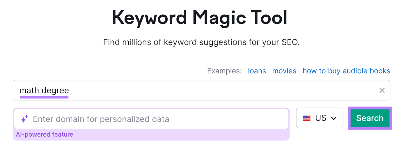 Keyword Magic Tool start with 'math degree' in search bar and Search button highlighted.