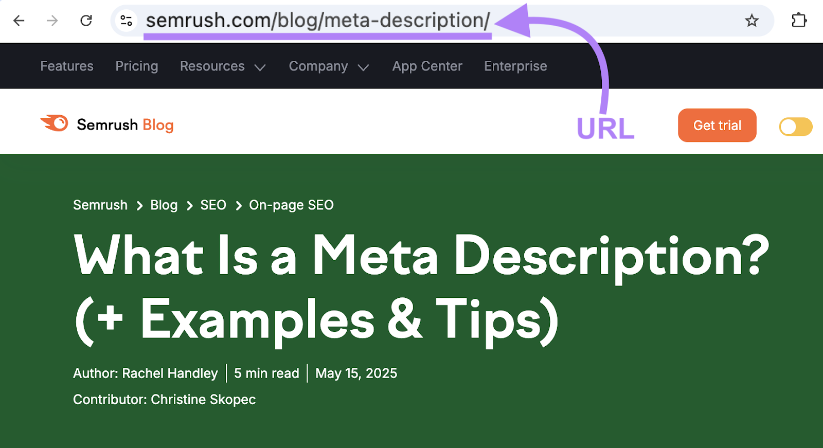 The URL in this example is sr03.toolzpad.com/blog/meta-description.