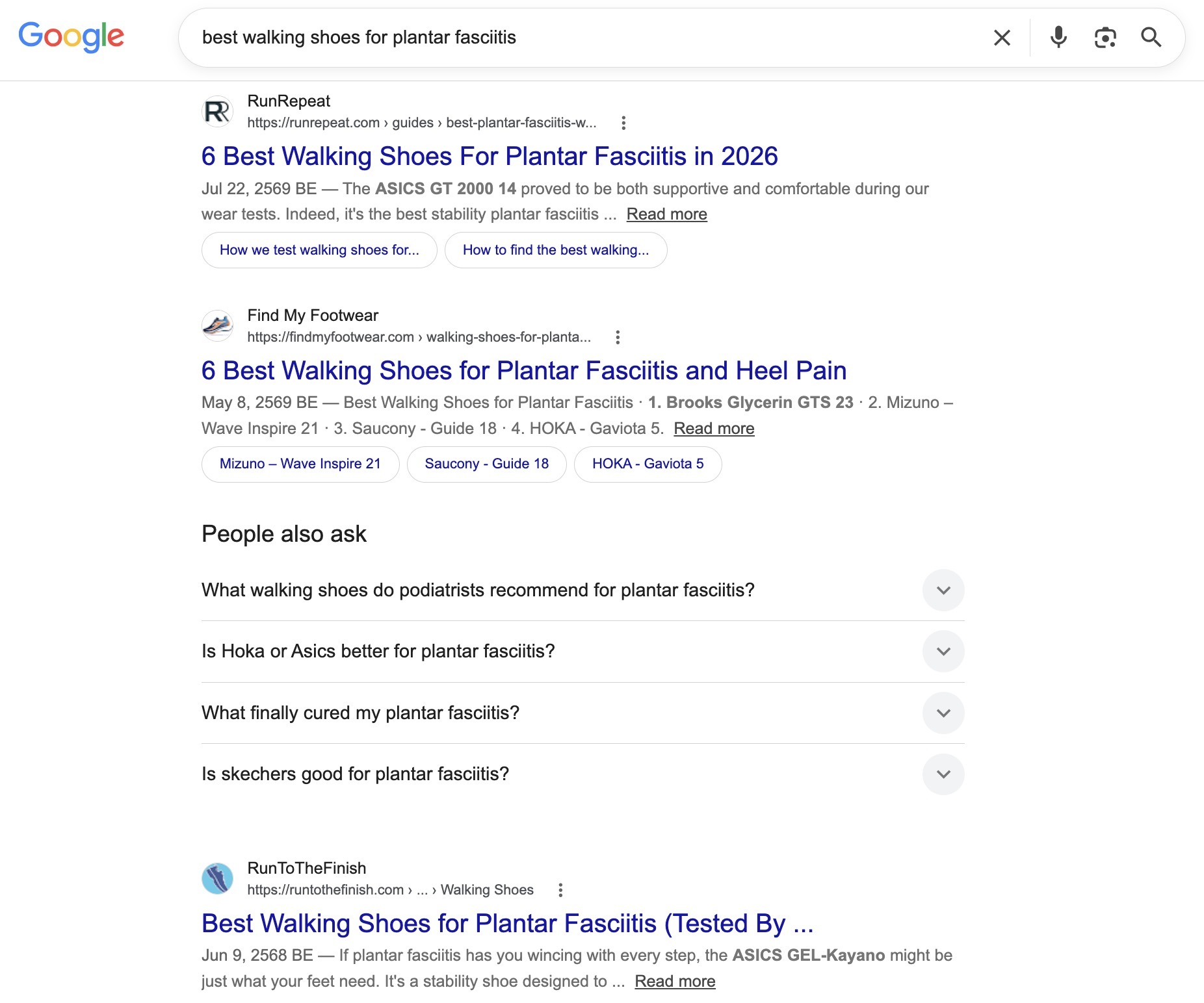 The top ranking organic pages for the term “best walking shoes for plantar fasciitis” on Google.