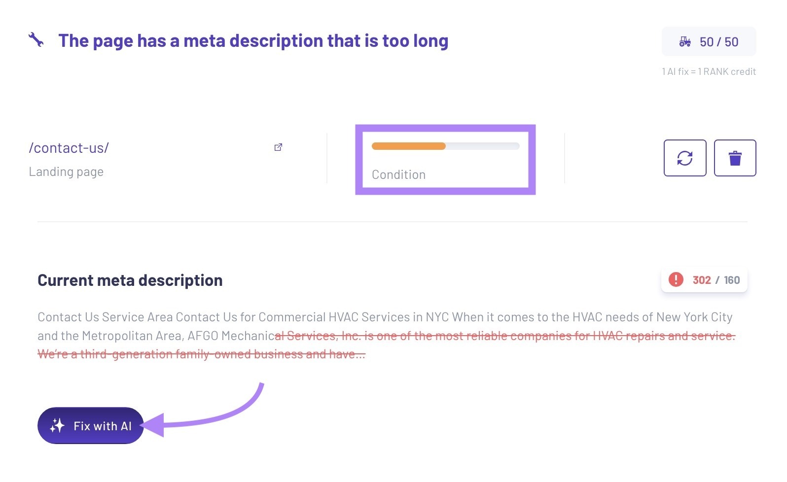 A meta description issue on Morningscore with the "Condition" meter and the "Fix with AI" button highlighted.