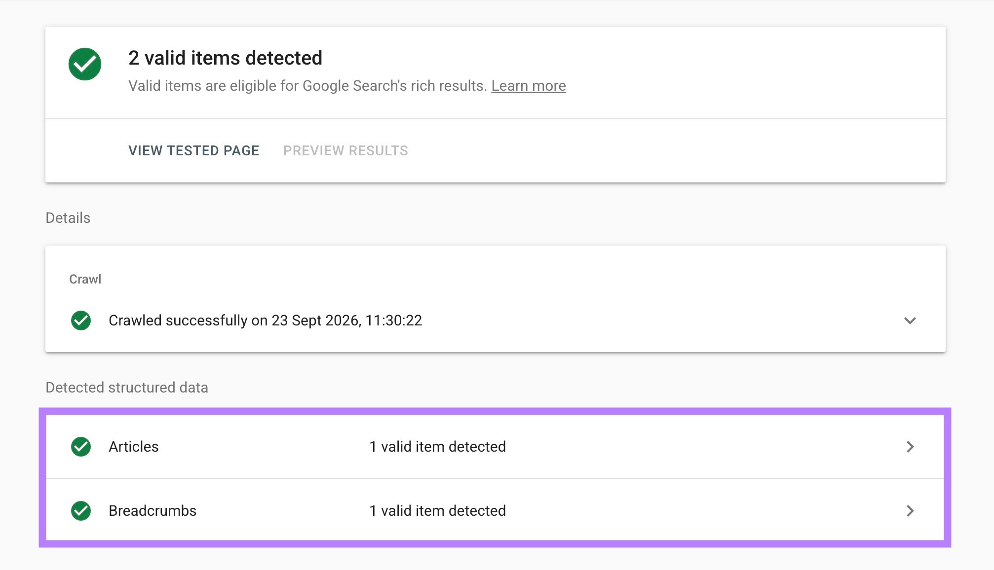 Google’s Rich Results Test showing structured data successfully detected for a URL.