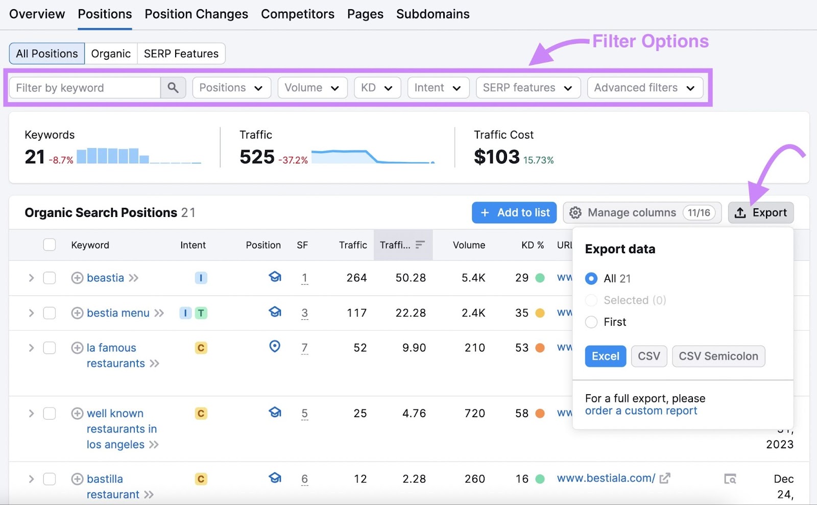 Keywords filters highlighted under the "Positions" report in Organic Rankings tool