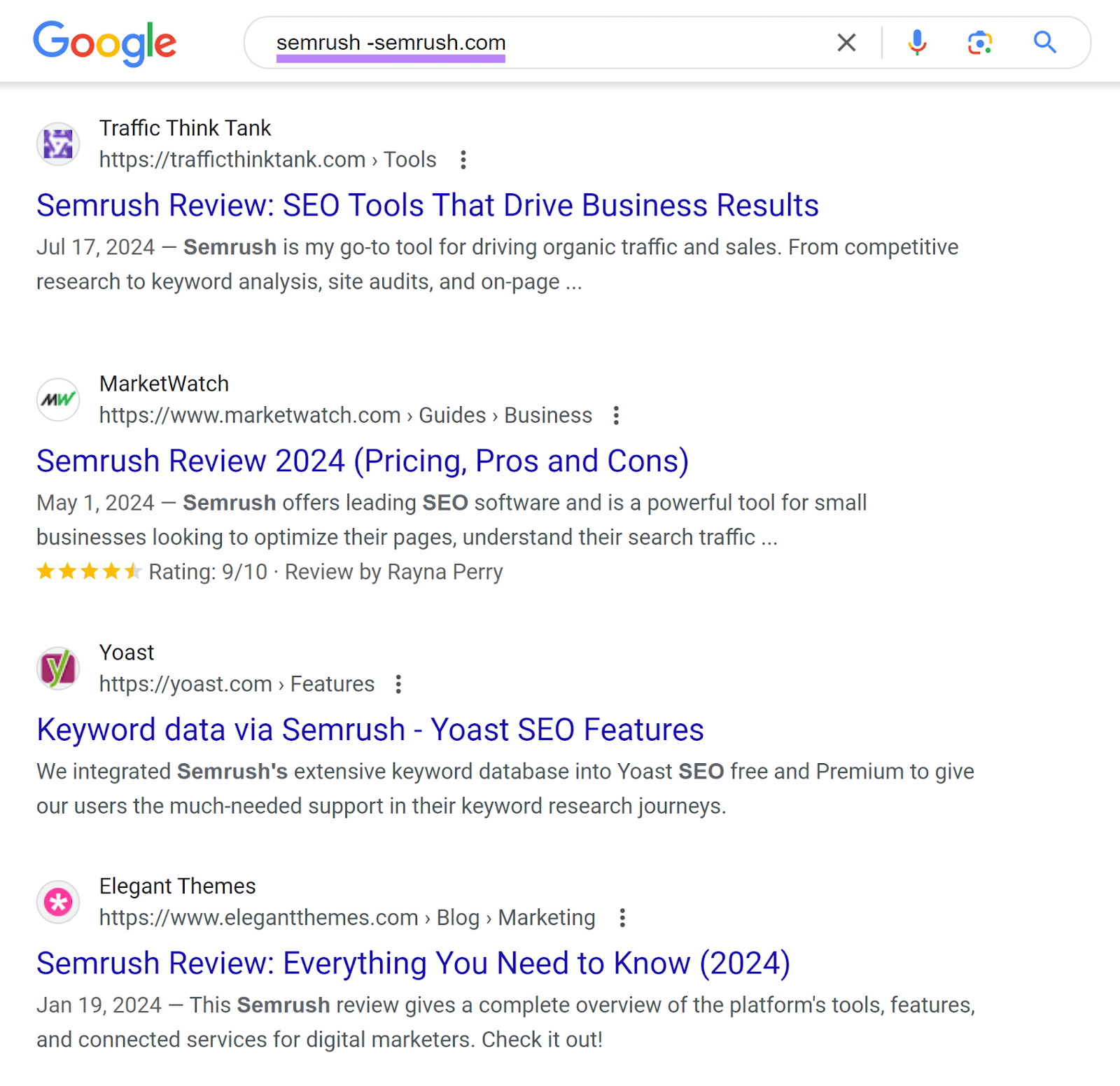 Google SERP for 'semrush -sr03.toolzpad.com' showing brand mentions