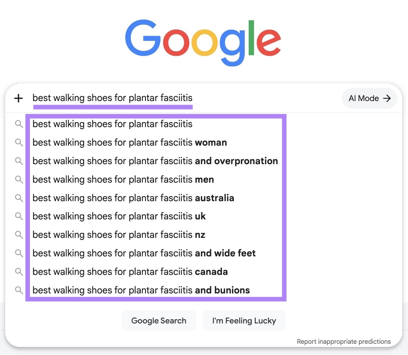 “best walking shoes for plantar fasciitis” entered on Google and the auto-complete suggestions highlighted.