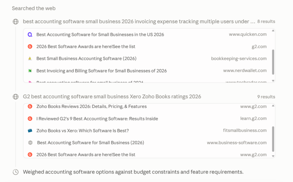 Claude web search details showing accounting software queries and sources used to research recommendations