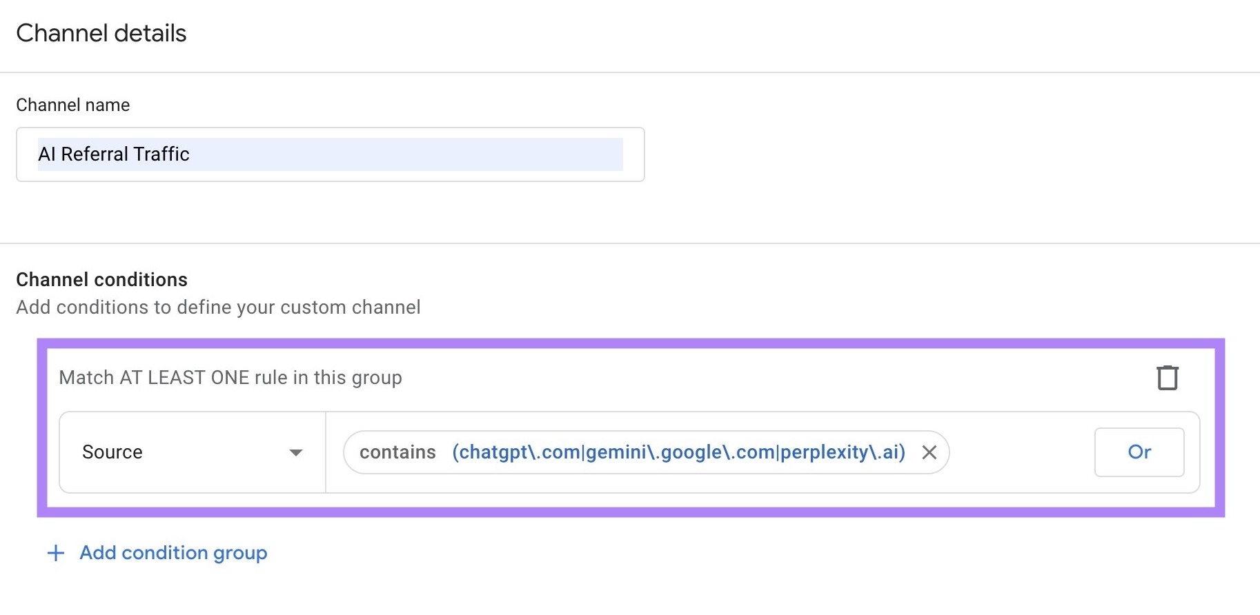 Creating an "AI Referral Traffic" channel on GA4 to show referrals from ChatGPT, Gemini, and Perplexity.