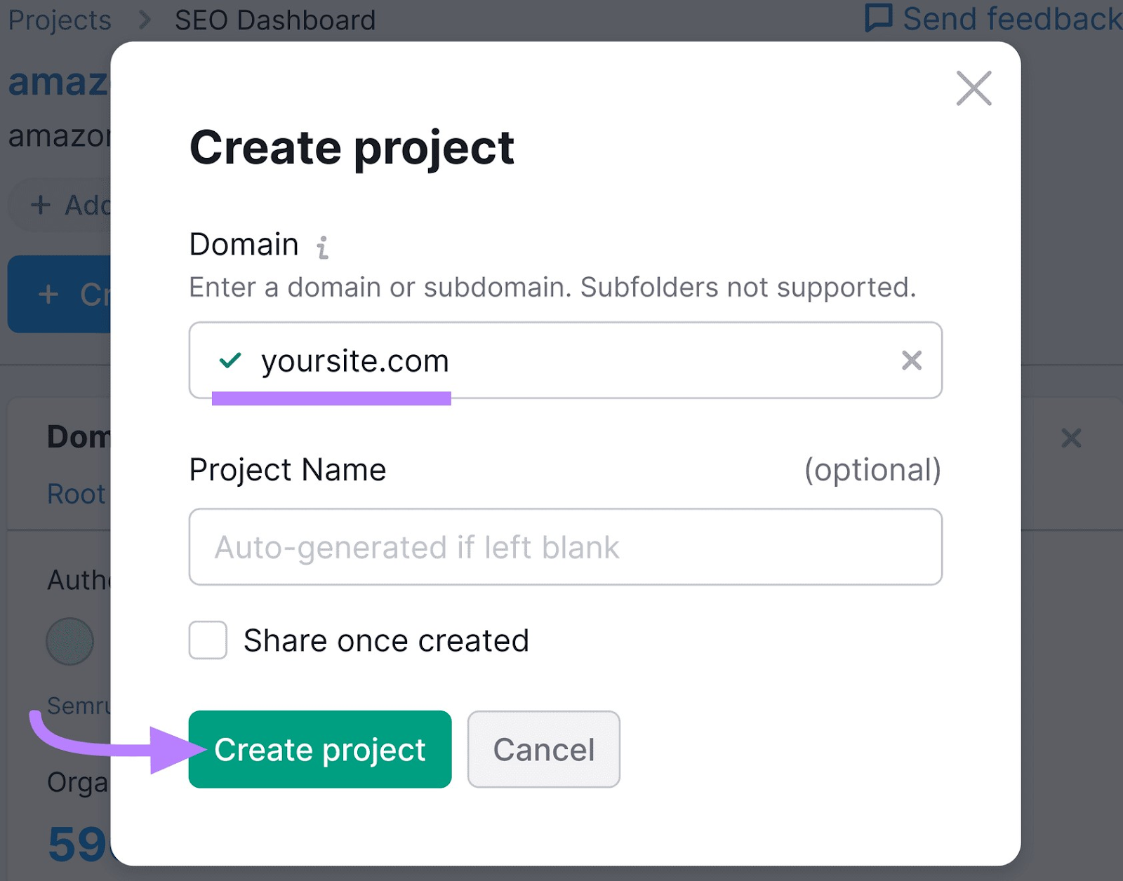 “Create project” pop up window.