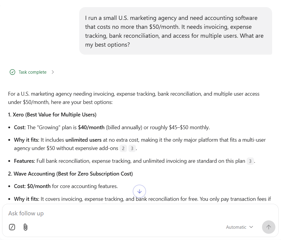 Brave Leo response recommending Xero and Wave for a small U.S. marketing agency seeking accounting software
