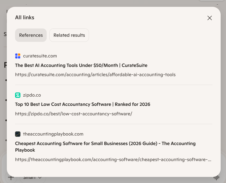 Microsoft Copilot All links panel showing reference sources for an accounting software response
