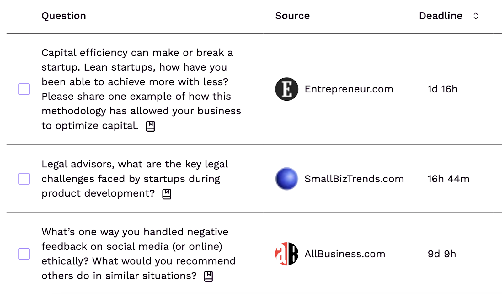 A list of media request questions along with the website source and a deadline to contribute a response.