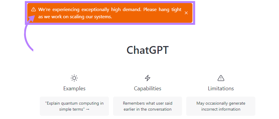 An example of “exceptionally high demand” message for free users