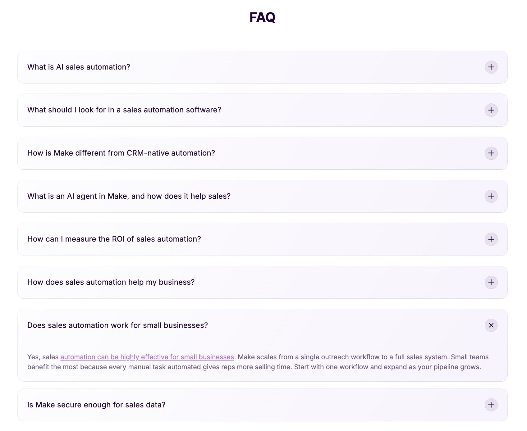 The FAQ section of an agent-friendly page addressing common user queries about sales automation.