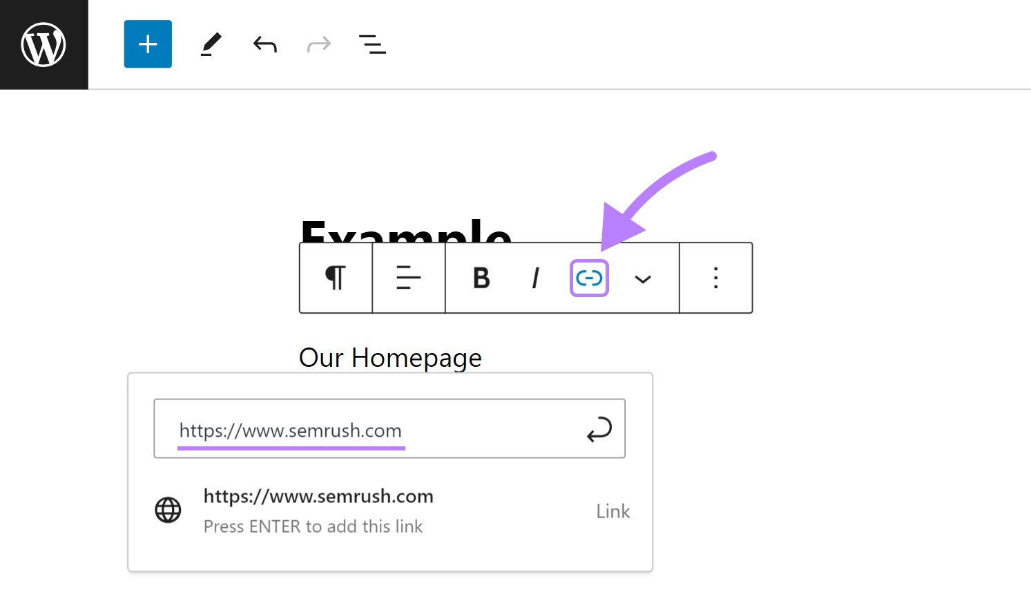 Linking "Our Homepage" text to "sr03.toolzpad.com" in WordPress editor