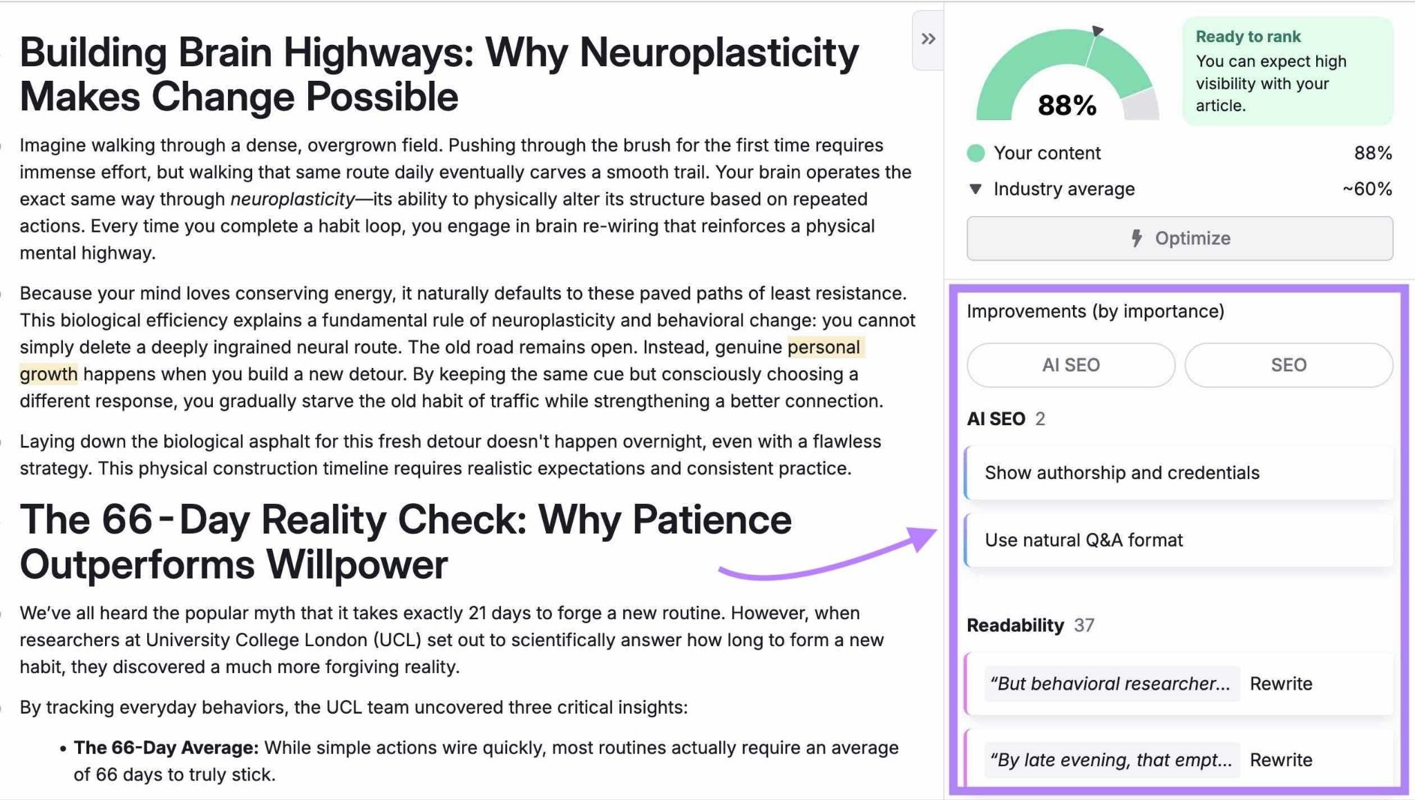 AI Search Optimizer showing content on the left along with improvement suggestions on the right.