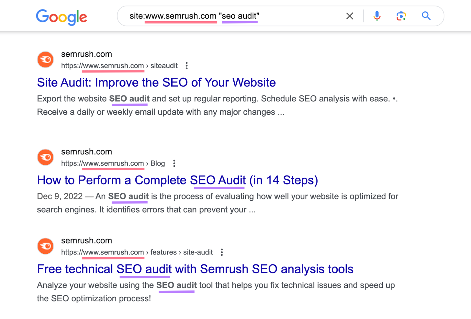 search for "site:sr03.toolzpad.com "seo audit"" shows list of urls on semrush with keyword mentioned