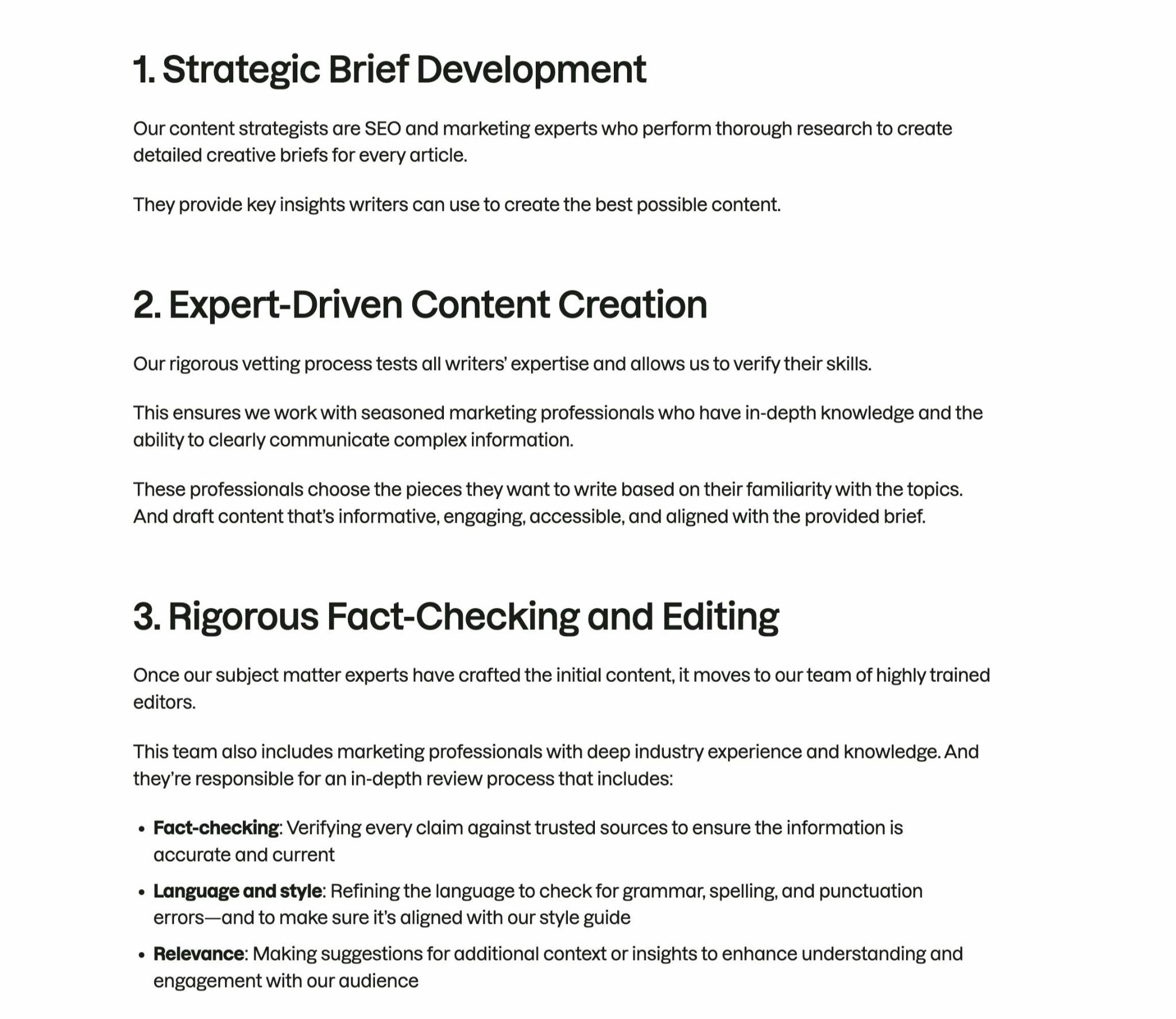 The editorial process followed by Semrush which includes strategic brief development, expert-driven content creation, fact-checking and editing.