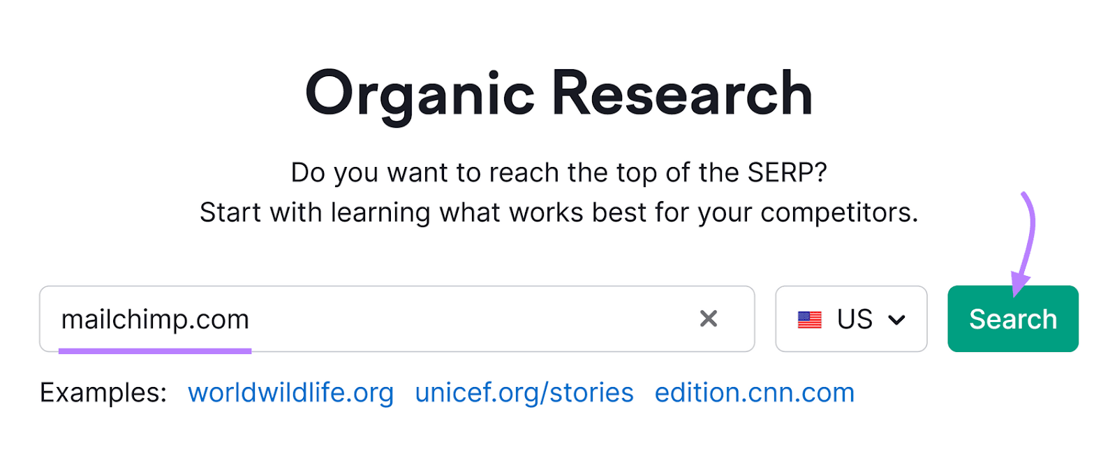 Organic Rankings tool with “mailchimp.com” entered.