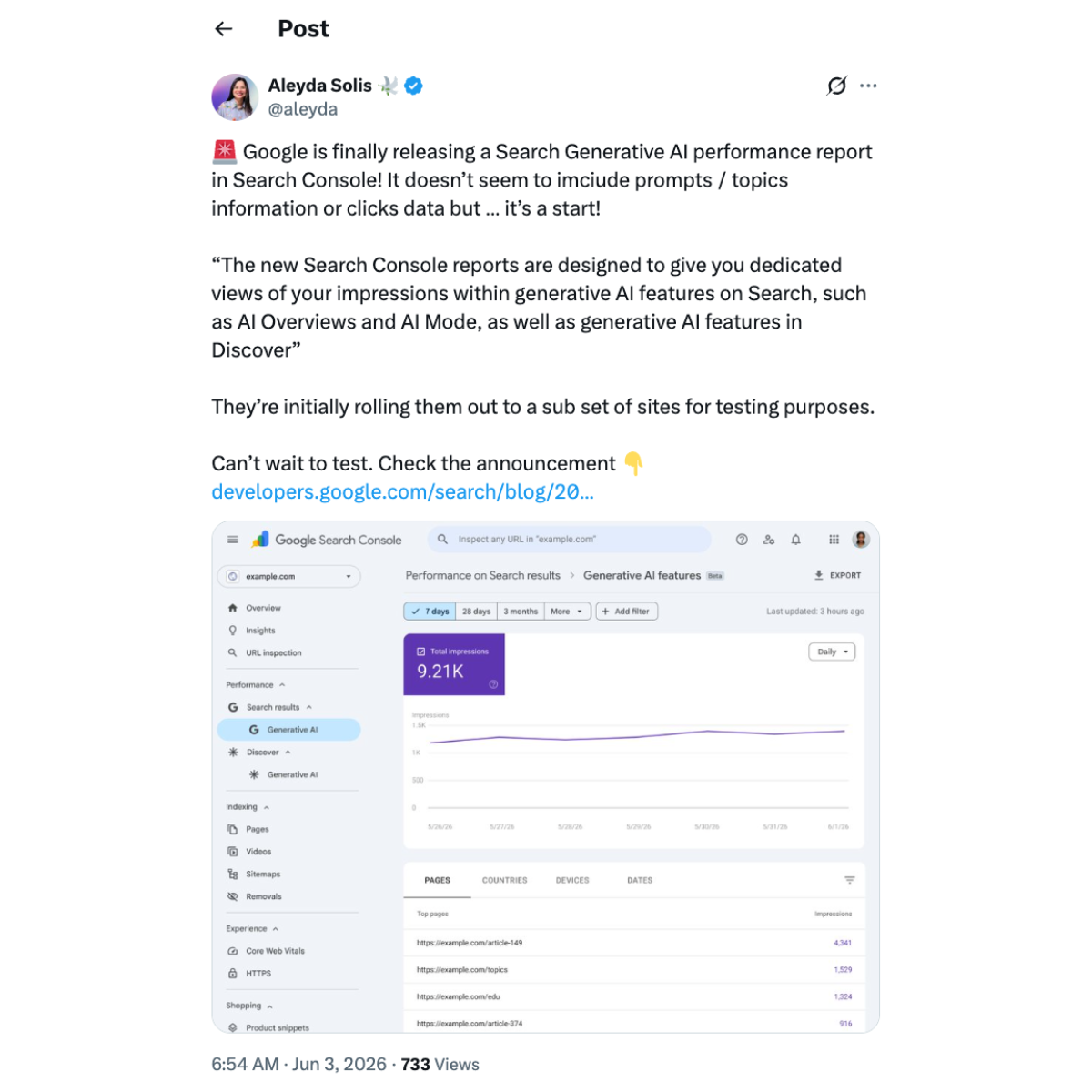Aleyda Solís X post sharing excitement over the new AI reports in Search Console.