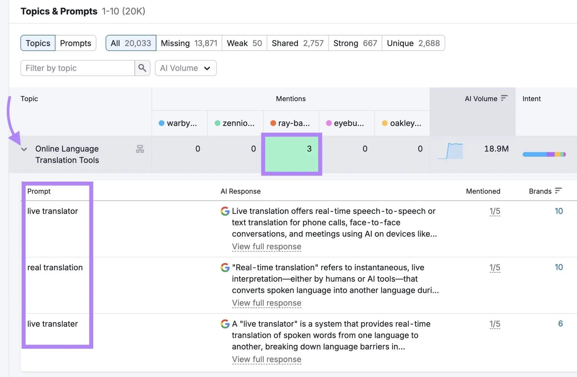 Topics & Prompts report showing translation-related prompts, AI responses, brand mentions, and AI volume