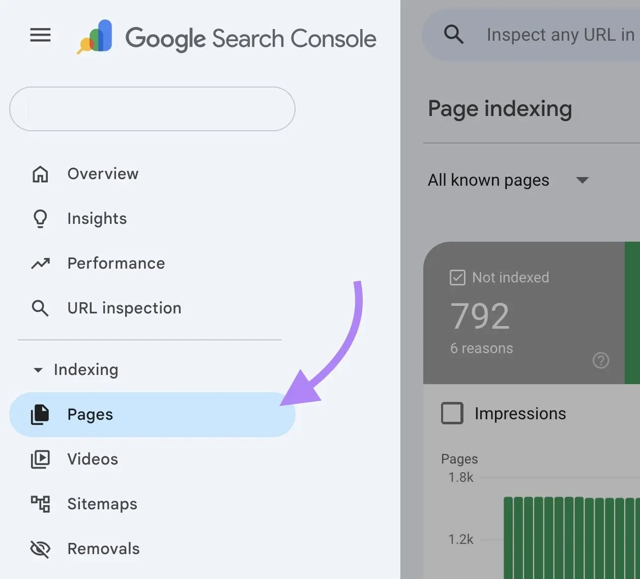 Google Search Console navigation with the Pages option highlighted under the Indexing section