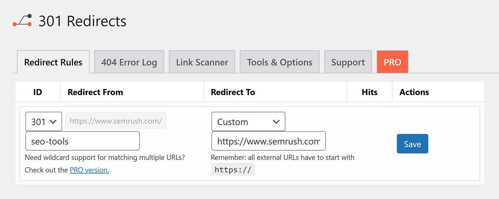 301 redirect plugin interface with URL path entered and custom destination set to sr03.toolzpad.com URL.