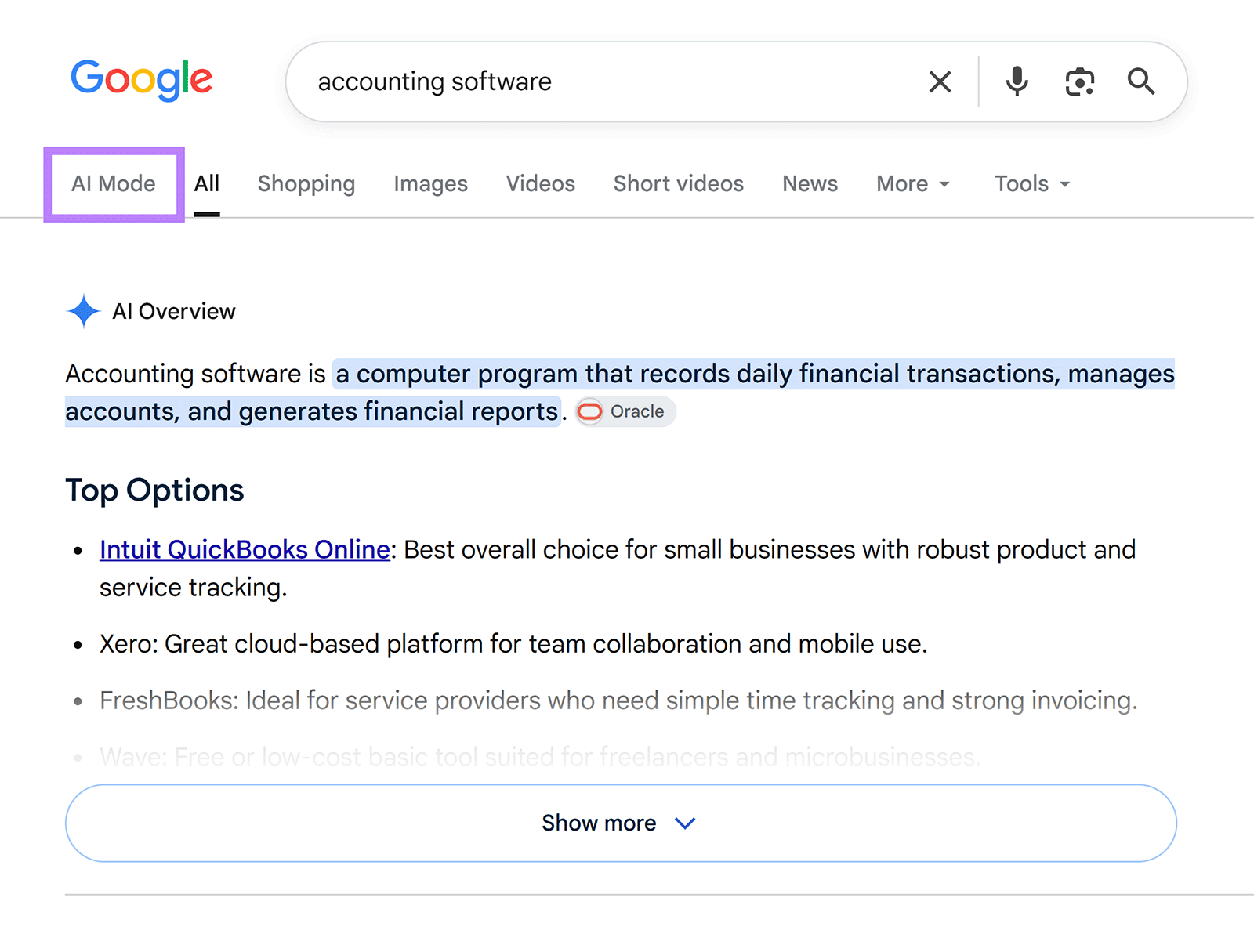 Google search results for “accounting software” with AI Mode highlighted and an AI Overview showing top software options