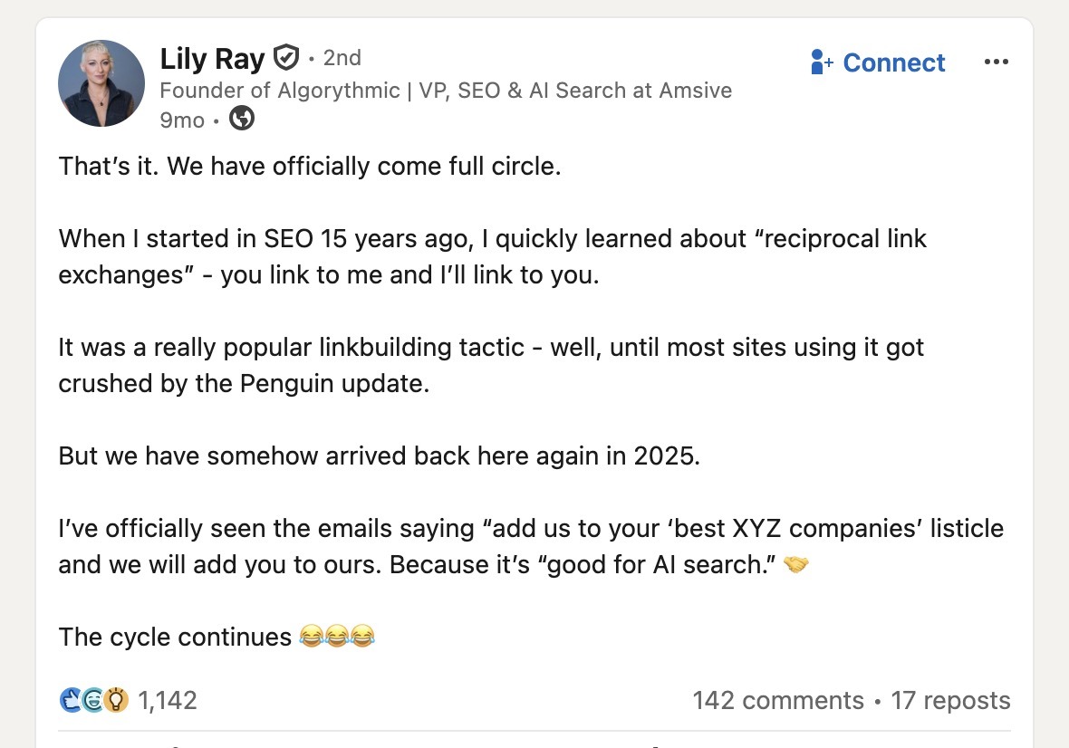 A post on LinkedIn by Lily Ray talking about the evolution of reciprocal link building from 15 years ago to now.