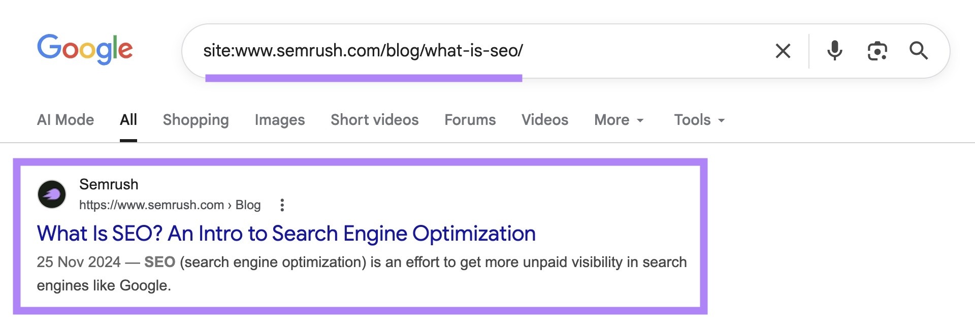 SERP for “site:sr03.toolzpad.com/blog/what-is-seo/” with the top result highlighted.