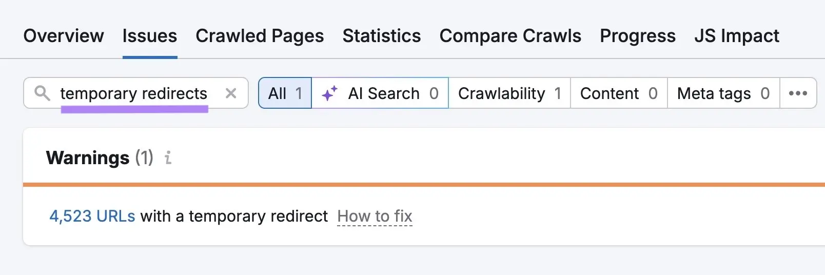 Site Audit Issues report showing 4,523 URLs with a temporary redirect