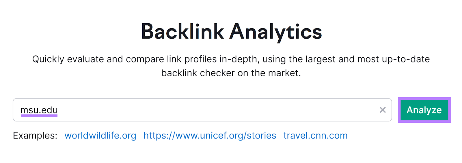 Backlinks tool start with domain entered and Analyze button highlighted.