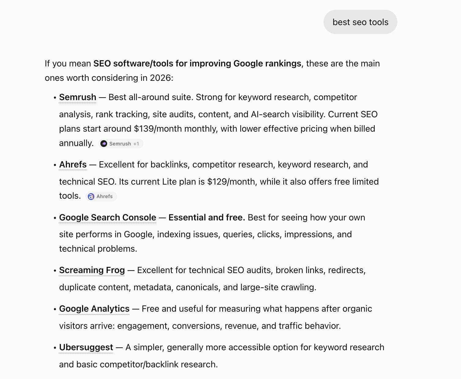 ChatGPT response for the term “best SEO tools” with multiple brand mentions along with a brief description of each.