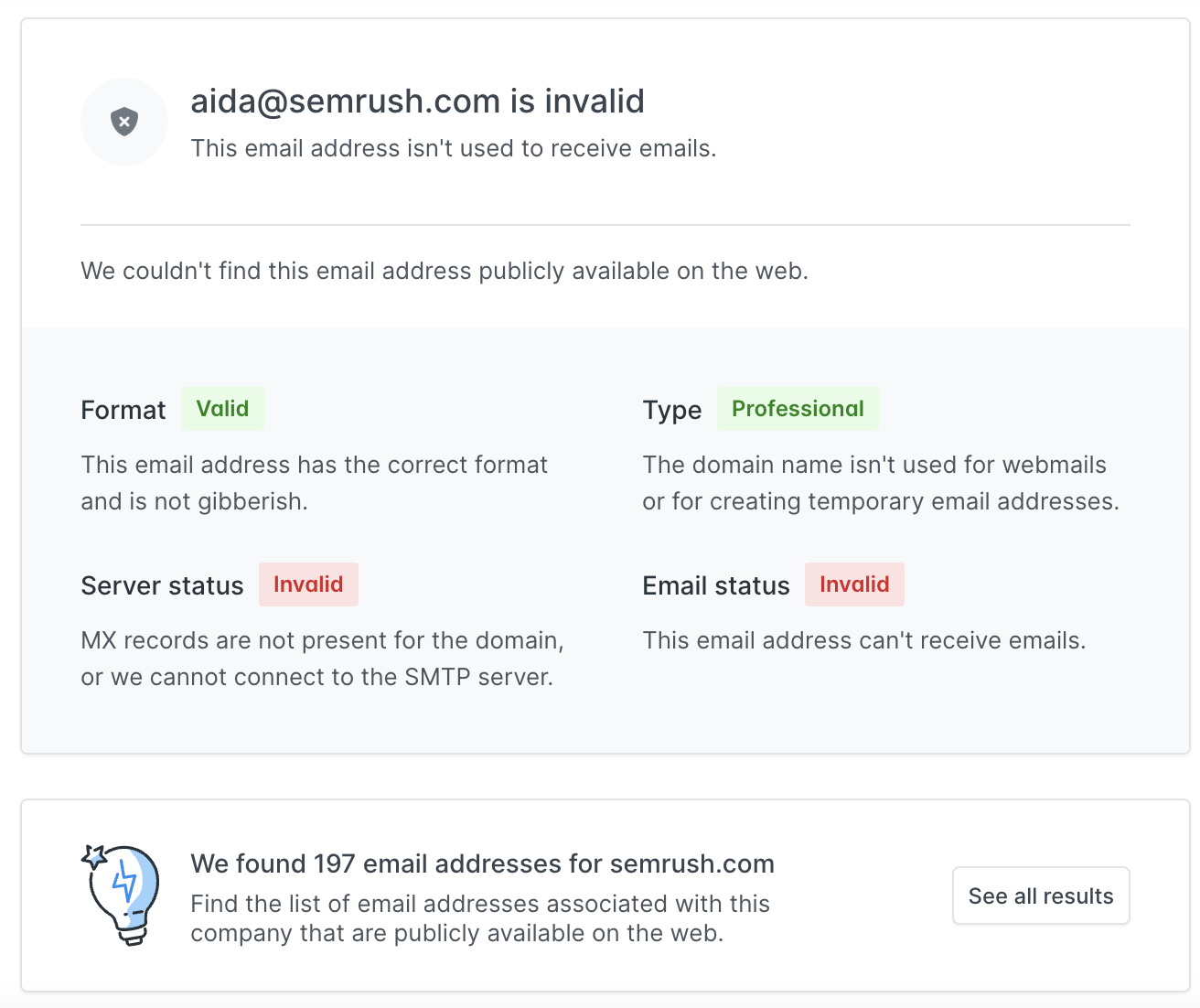 Hunter's results for an invalid email address "aida@sr03.toolzpad.com"