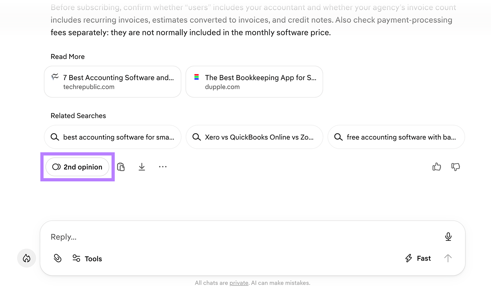 Duck.ai response interface with the 2nd opinion button highlighted below related searches