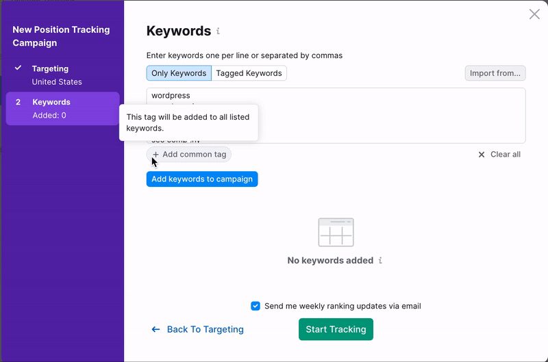 Position Tracking configuration window – Keywords section. An example how to add a common tag to all keywords.