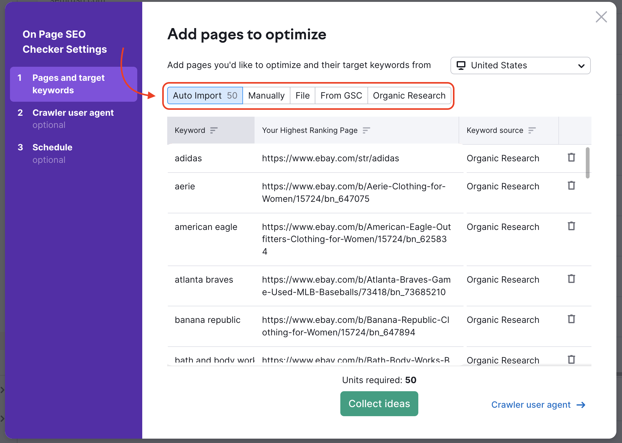 The On Page SEO Checker set up campaign window with the option to add target pages highlighted at the top.