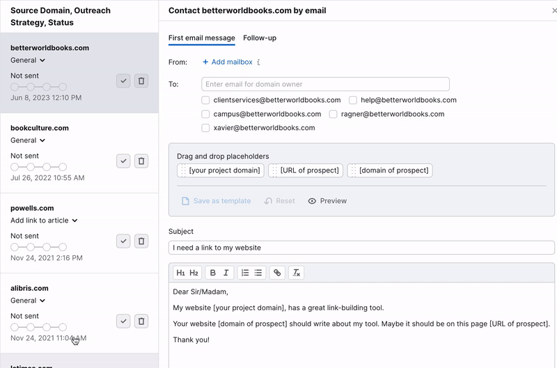 Link Building In Progress report: the video shows that you can use templates by selecting outreach strategies below the prospect website on the left.