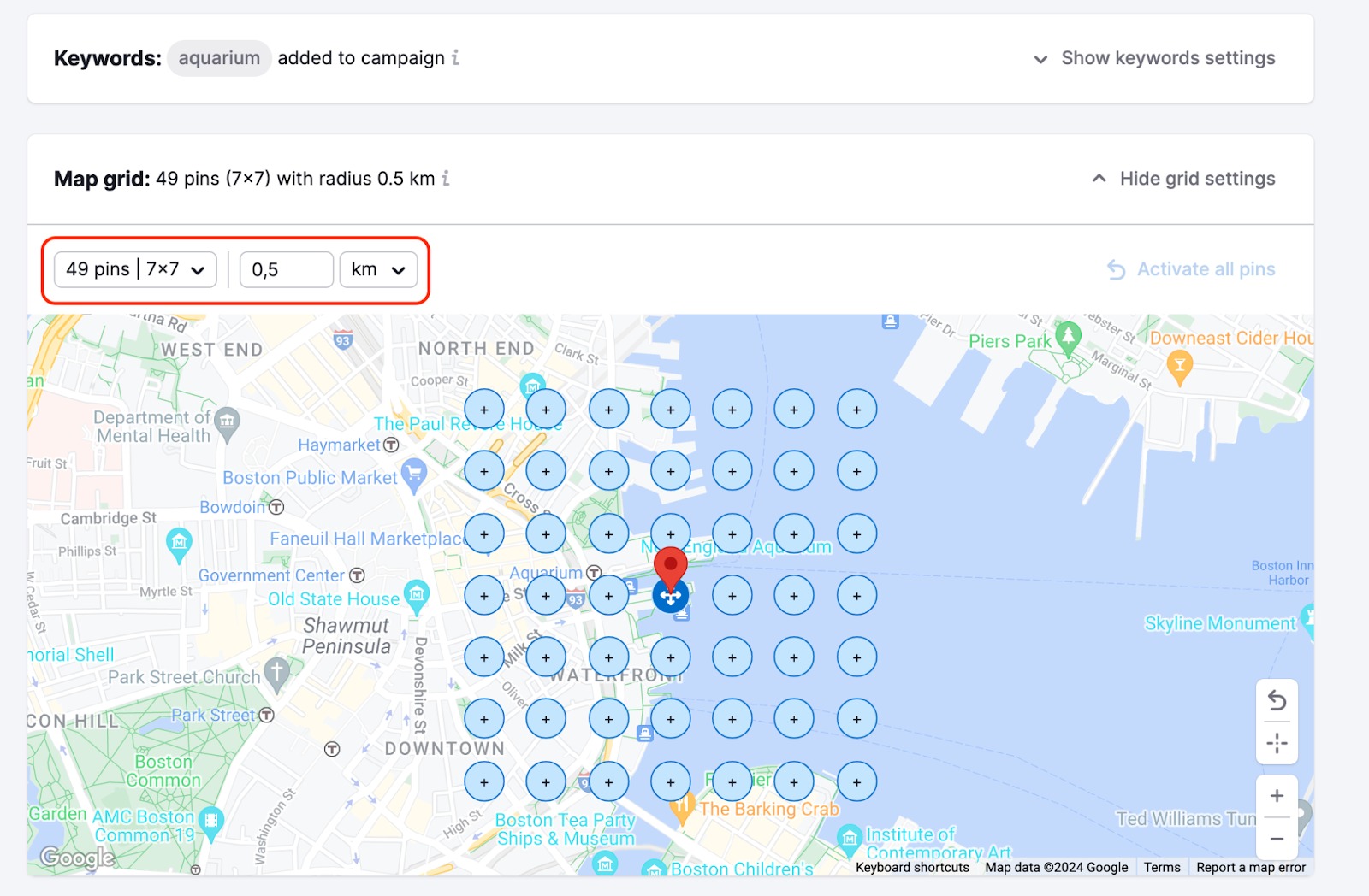 The map will show a grid of dots. Grab and drag this grid with your mouse to your desired search area. You can also easily designate specific measurements above the map in the 'Grid settings' section highlighted with a red rectangle above the grid.