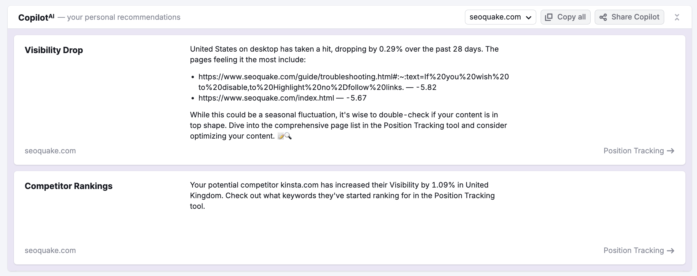 Example of the Semrush Copilot dashboard.