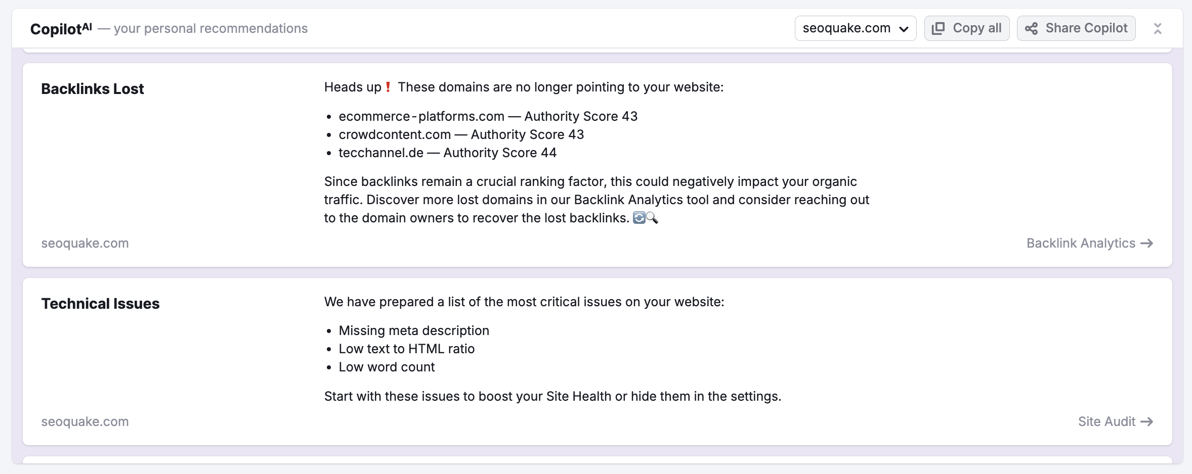 The Copilot dashboard with technical issues and recommendations linked to Site Audit.