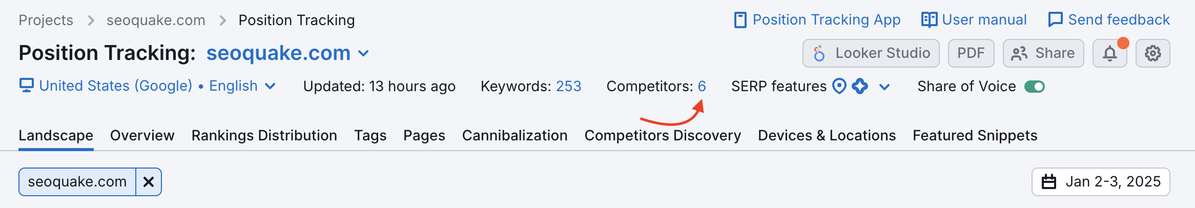 Position Tracking Landscape tab. A red arrow points to where to add competitors.