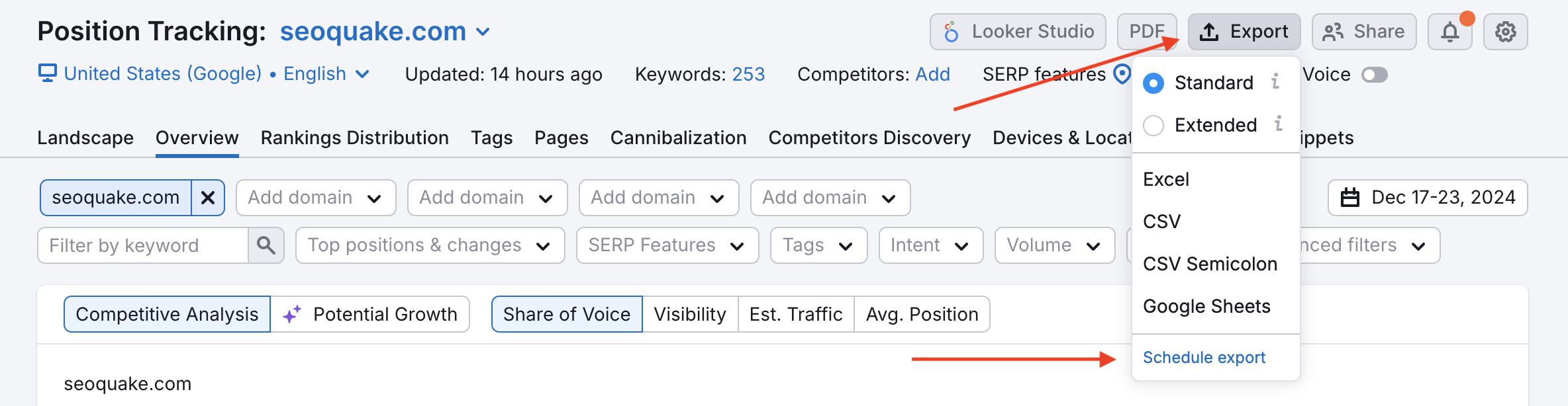 An arrow points to the Export button, which opens a menu with another arrow highlighting the Schedule Export option.
